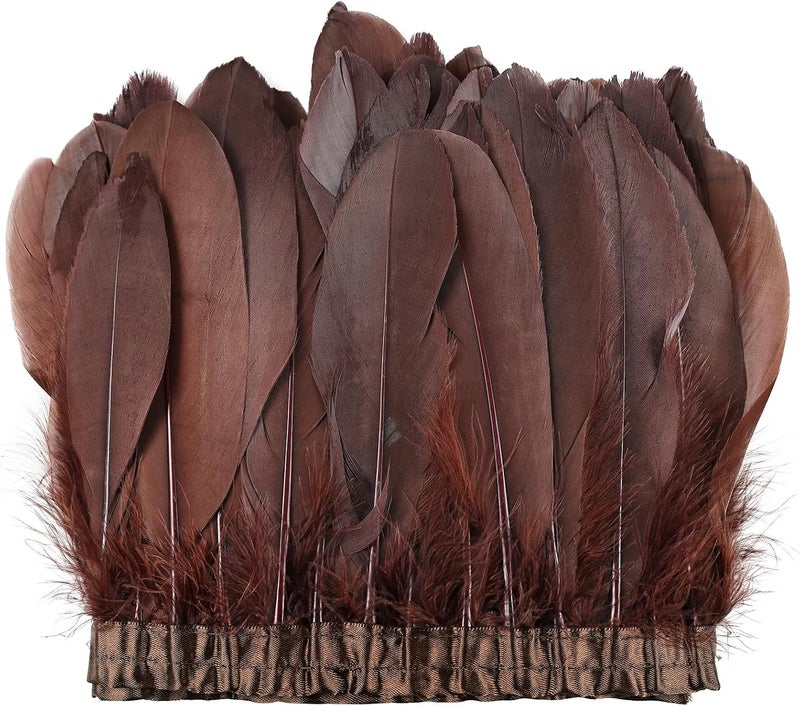 MAOFENG 2 Yards Natural Goose Feathers Trim Sewing Fringe Fashion Dress Sewing 6-8inch for DIY Handicrafts Costumes Decoration,Coffee - Image 1